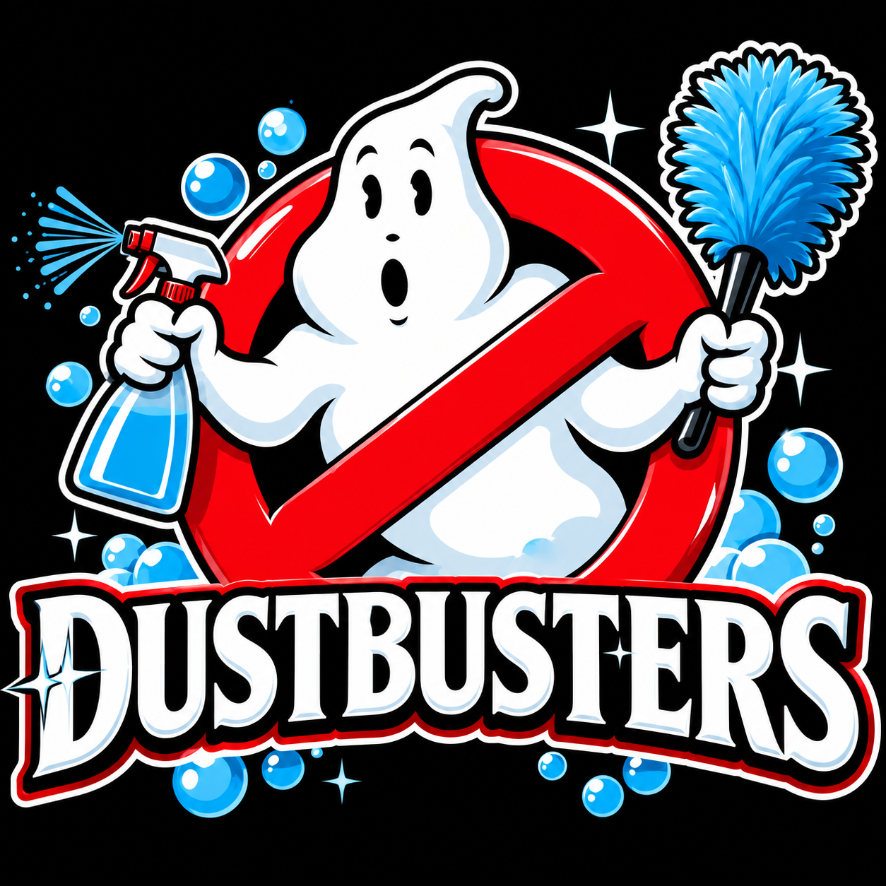 Friendly Dustbusters ghost mascot with a spray bottle, blue duster, bubbles and sparkles